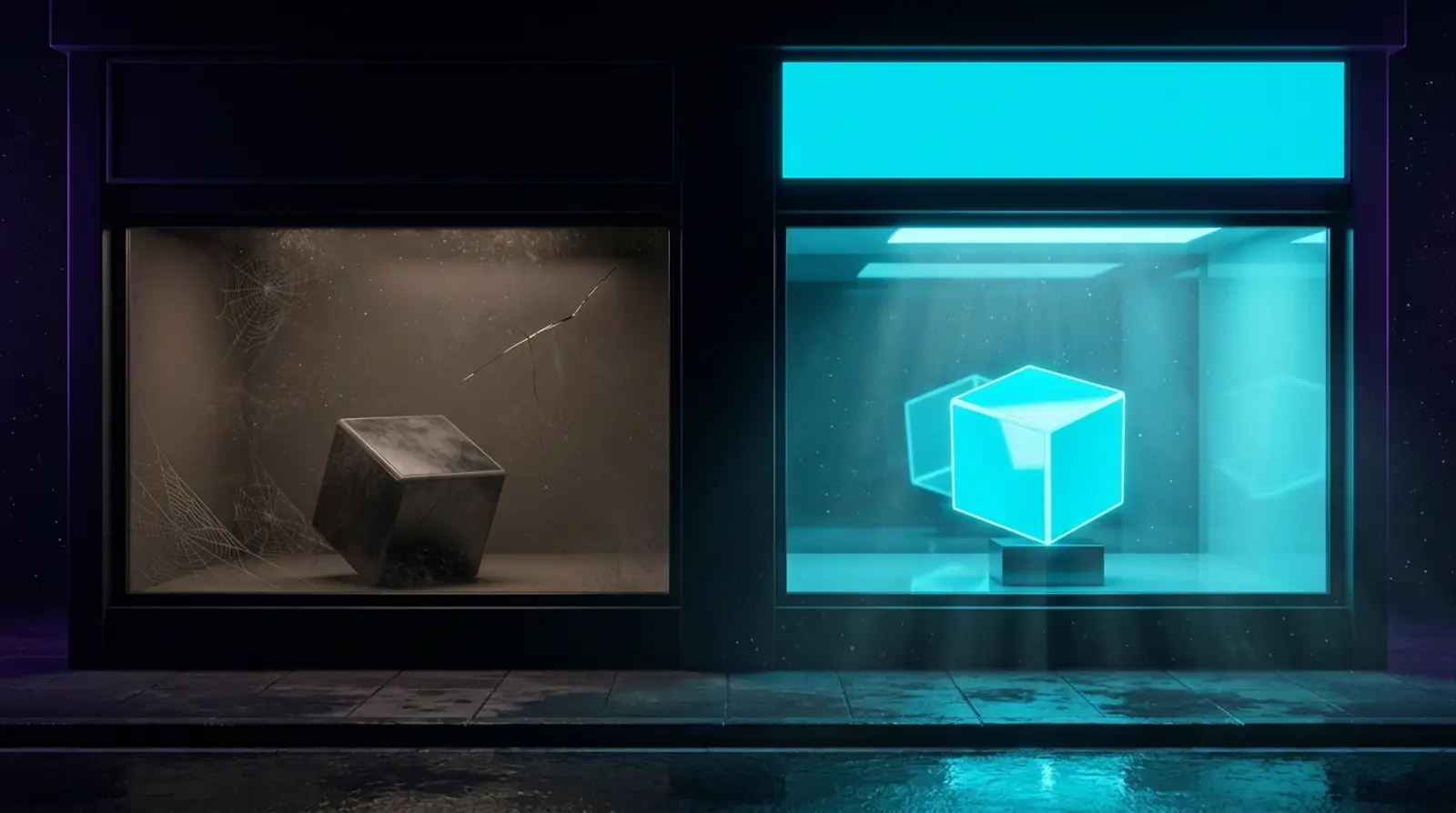 Duas vitrines iguais lado a lado: a da direita limpa e acesa, com o cubo de luz em pé no pedestal; a da esquerda empoeirada e escura, com o mesmo cubo caído e apagado.