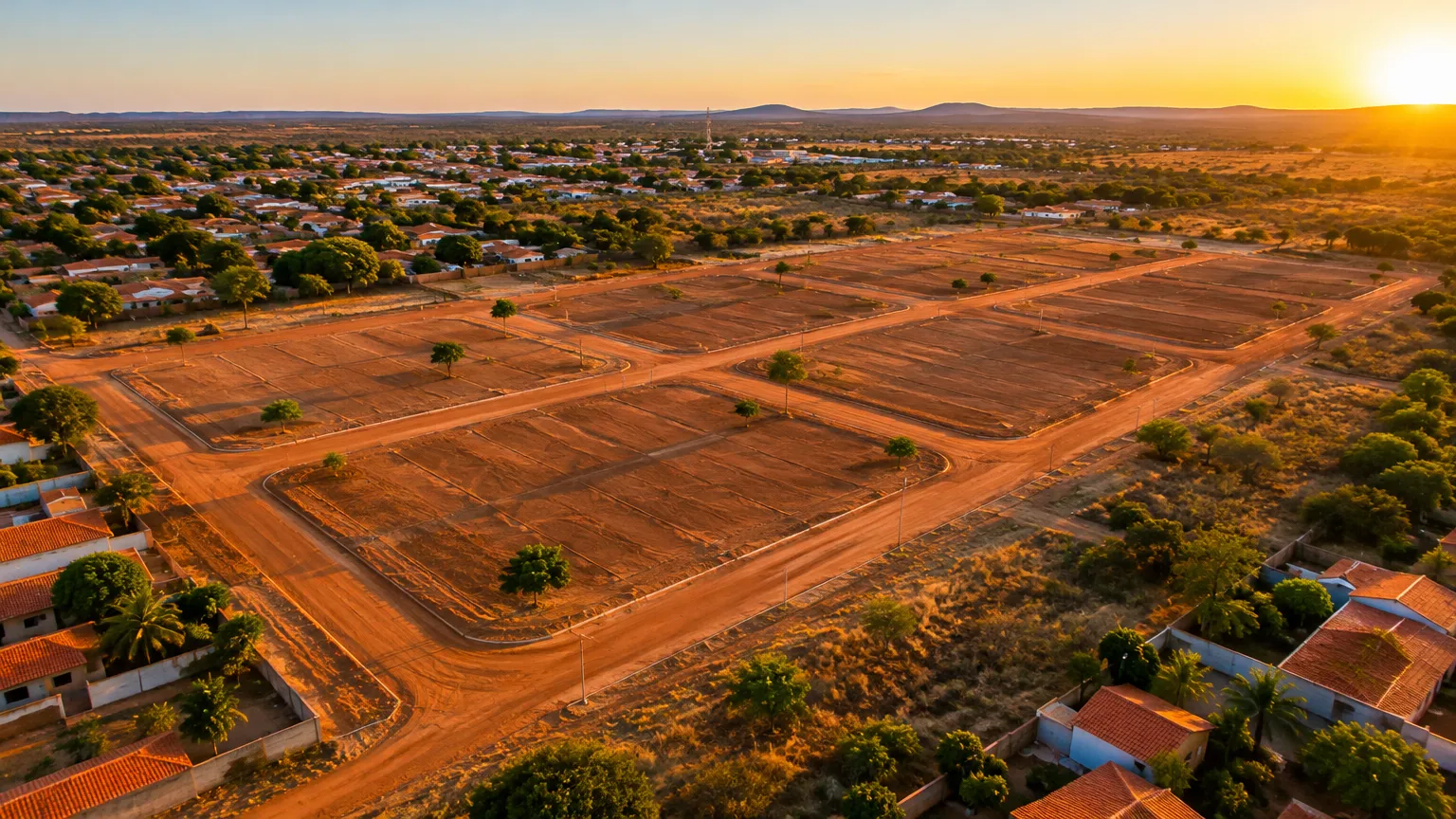 Vista aérea de um loteamento residencial ao pôr do sol, com lotes de terra avermelhada e ruas novas