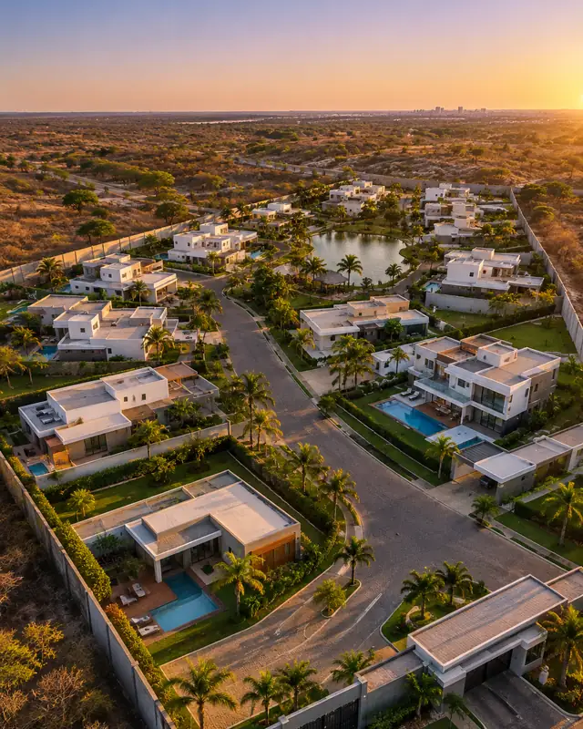 Vista aérea de um condomínio de casas com piscinas e palmeiras ao pôr do sol