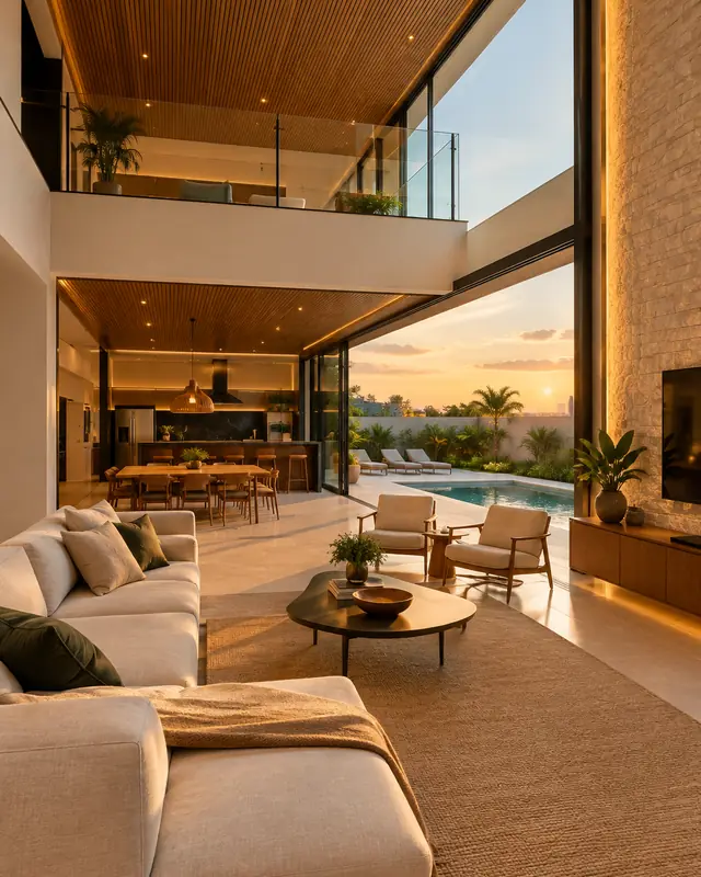 Sala de pé-direito duplo integrada à varanda gourmet e à piscina, com luz quente