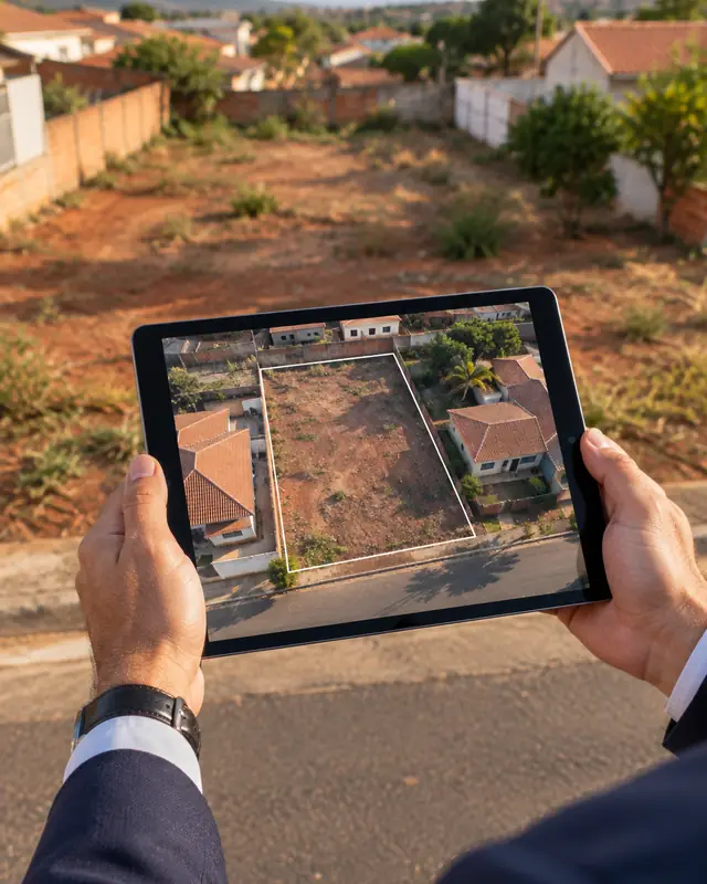 Mãos do corretor segurando um tablet com a foto aérea do lote contornado, em frente ao próprio terreno