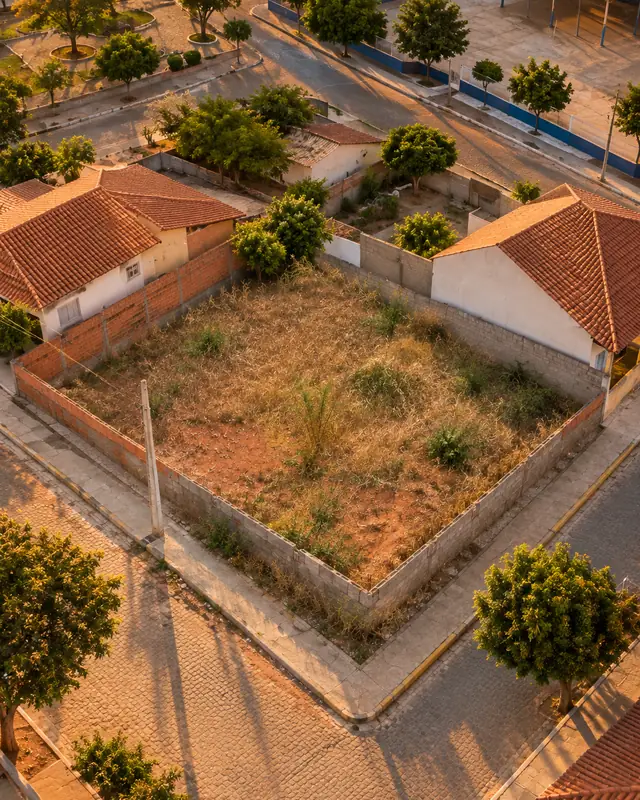 O mesmo lote visto de drone, com as ruas calçadas, as casas vizinhas e a praça ao lado